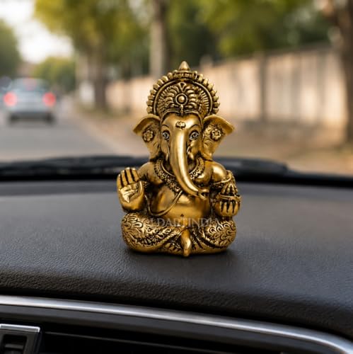 Image of Gold Art India Lord Ganesha 24K Gold Plated Idol | Antique Matte Finish | Premium Peacock Green Velvet Gift Box | Ganesh Murti for Home Temple, Office Desk & Car Dashboard | Luxury Spiritual Gift
