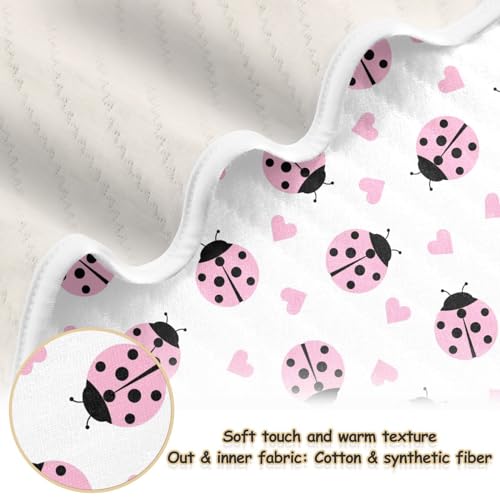 Image of Cute Ladybug Heart Pink Baby Swaddle Blanket for Boys and Girls, Muslin Baby Receiving Swaddle Blanket, Soft Cotton Nursery Swaddling Blankets for Newborn Toddler Infant