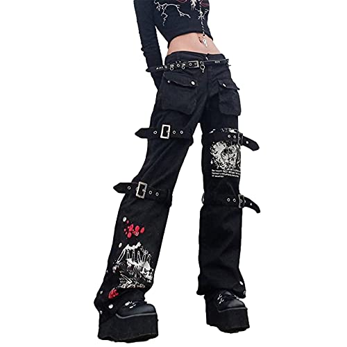 Gothic Cargo Jeans for Women Wide Straight Leg Punk Grunge Baggy Pants Goth Aesthetic Trousers Y2k Streetwear with Pockets
