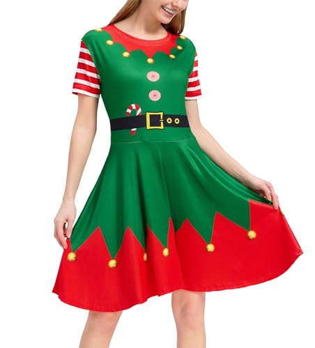 Glimnerize Christmas Women's Dress Snowman Short Sleeve Party Elf Printed Christmas Themed Style Funny Comfortable Novelty Santa A1 XXL