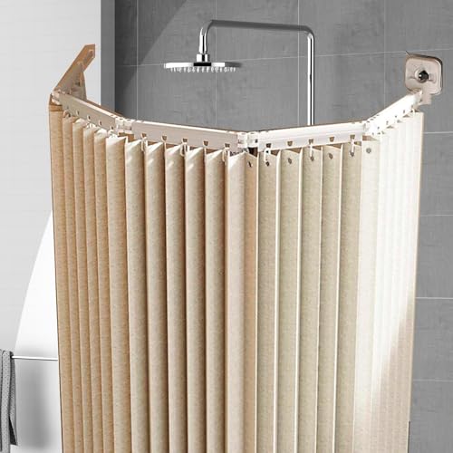 IDAMAKON Faltbarer Duschvorhang mit Saugnäpfen,Duschvorhang Ohne Bohren,Shower Curtains Cream-4-Folds,L/U-Form Verstellbar,Wasserdicht & antischimmel,inkl.Stangenset für Eckdusche,Badewanne