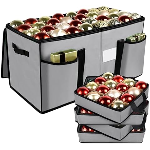 Christmas Ornament Storage Box with Dividers, Christmas Balls Storage Containers with Zipper & 8 Removable Trays, Holds Up to 128 Balls - 600D Oxford Christmas Decoration Storage Organizer, Gray Cover