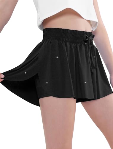 Image of EXARUS Girls Flowy Butterfly Shorts Athletic 2 in 1 Running Skirt Shorts Preppy Cheer Gymnastics Kids Clothes 6-14Y