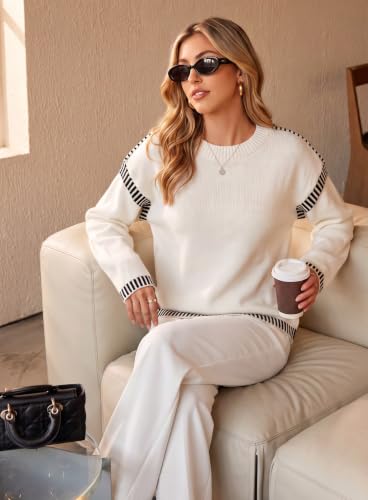 Image of Dokotoo Sweaters for Women Crewneck Long Sleeve Contrast Cable Knit Tops | Early Fall Fashion, Solid Loose Fit Pullover Sweaters, Oversized Stitching Fall Clothes Outfits, Winter Clothing for Women
