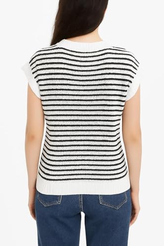 Women’s Striped Knit T-Shirt – Summer Cap Sleeve Pullover Top – Casual Round Neck Tee – Black3