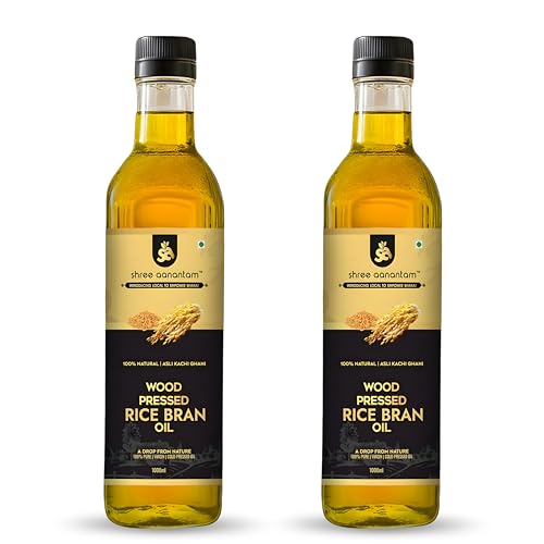 Image of Shree Aanantam Cold Pressed Rice Bran Oil - 1 Liter | Bottle | Kolhu /Kacchi Ghani /Chekku | 100% Pure & Natural | Chemical-Free | Wood Pressed Rice Bran Oil for Cooking (1l (Pack of 2))