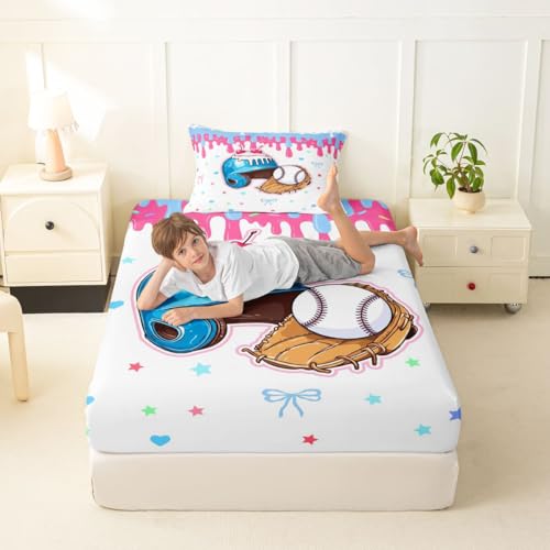 Image of Castle Fairy Baseball Cap Bed Sheets Twin Size,Ice Cream Cherry Dessert Easy Wash Bedding Set,Game Sports Graffiti Kids Room Decor,Bule Sheet(Fitted+Flat+1 Pillowcase)