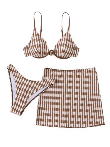 Floerns Women's 3 Piece Bathing Suit Allover Print Swimwear Bikini Swimsuit with Beach Skirt3