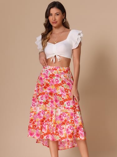 Allegra K Boho Floral Skirt for Women's High Low Hem Elastic High Waist Midi Skirt4