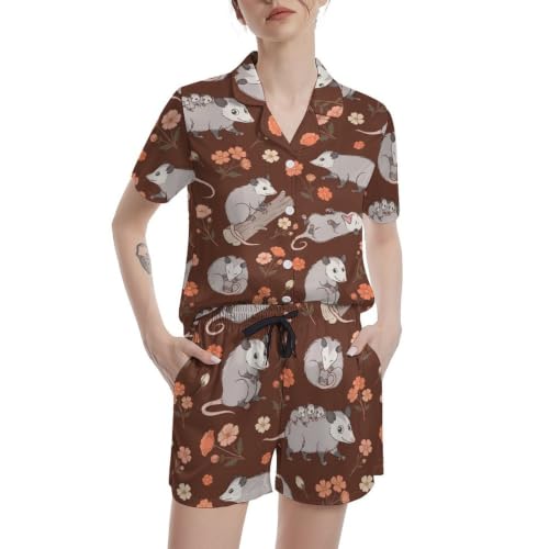 Image of Funny Pajamas for Women Set Print Satin Loungewear Pjs Short Sleeve Button Down Top and Shorts Sets Sleepwear XS-3XL