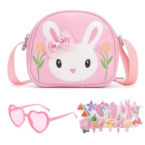 dogmoon Kleines Mädchen Kaninchen Tasche, Handtasche Mädchen mit 1 Stück Rosa Brille und 14 Stück Haarklemmer, Kinder Hase Geldbörse PU Leder Prinzessin Mini Handtasche für Kinder(Rosa)