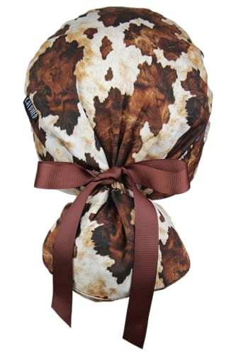 Image of Scrub Cap for Women and Men, Ponytail Scrub Caps, Working Hat, Head Cover with Ribbon Ties and Buttons, Long Hair
