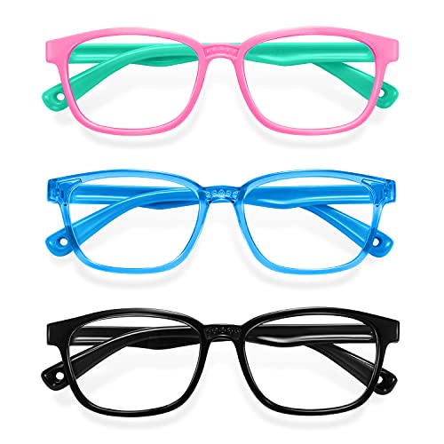 Okany Blue Light Glasses for Kids 3 Pack Anti Glare & Eye Strain Glasses Computer TV Phone Tablets UV Protection Glasses for Kids Boys Girls Age 3-12 (Black + Transparent Blue + Pink Green)