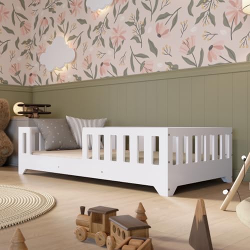 Crazy Pine - Lit Enfant Montessori avec Protection Anti-Chute – Lit Enfant sûr pour garçons et Filles – Montage Facile – Crazy Alfa (Blanc avec Entrée...