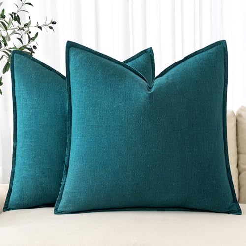 Image of MIULEE Decorative Linen Pillow Covers 18x18 Inch Teal Blue Boho Farmhouse Neutral Couch Throw Pillows for Bed Pack of 2 Accent Coastal Modern Pillowcase Summer Sofa Livingroom Home Decor