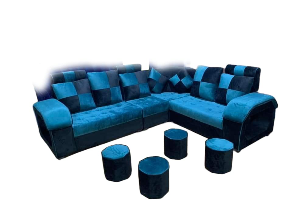 Dapper Interchangeable U Shape Latest Model Attractive Sectional Sofa Set - Couch 7 Seater Lounger for Living Room, Set of 10 Items. Upholstery - Suede Fabric, Colour-Blue-image-12