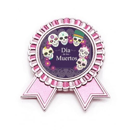 Broche Jour des Morts Rose en métal de qualité avec détails illustrés