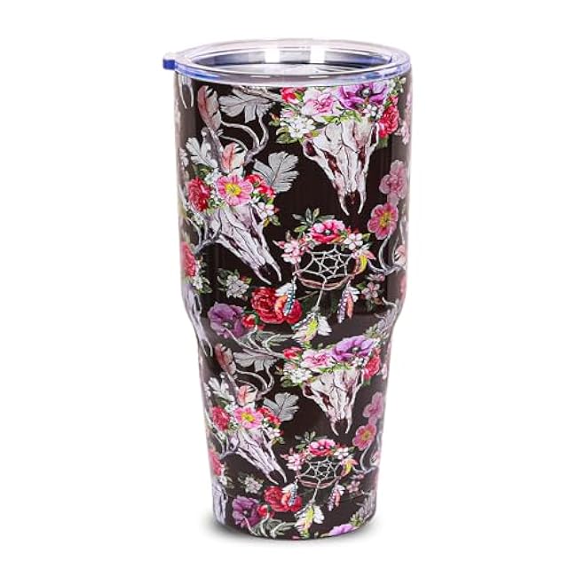 30oz Floral Stainless Steel Tumblers Travel Mug with Lid Vacuum Double Wall Insulation Drinking Cup Western CowCompound festival Gifts for Women (Black Bullskull)
