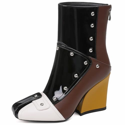 Women Ankle Boots Black High Heel Ankle Booties Red Chunky Punk Booties Square Toe Back Zipper Boots 3.5 Inch Block Heel with Metal Rivet