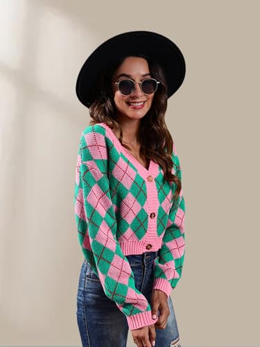 Image of Wowcarbazole Women's Knit Cardigan Sweaters Long Sleeve Argyle Open Front Button Down V Neck Cropped Coats Casual Trendy Tops(Pink Green-L)