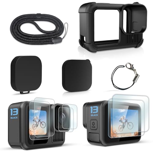 FitStill ブラックシリコン保護キット Go Pro Hero 13 Black 用、シリコンレンズカバー、スクリーンプロテクターと調節可能なストラップ、Go Pro Hero 13 Black 用アクセサリーキット