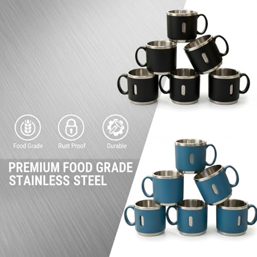 Image of Premium Stainless Steel Double Wall Coffee Mug Set of 6 (150ml Each) | Black & Blue Combo | Insulated Reusable Tea & Coffee Cups for Home, Office & Gifting