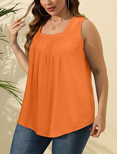 Image of Saloogoe Summer Tank Tops for Women Loose Fit Pleated Square Neck Sleeveless Tops Curved Hem Flowy
