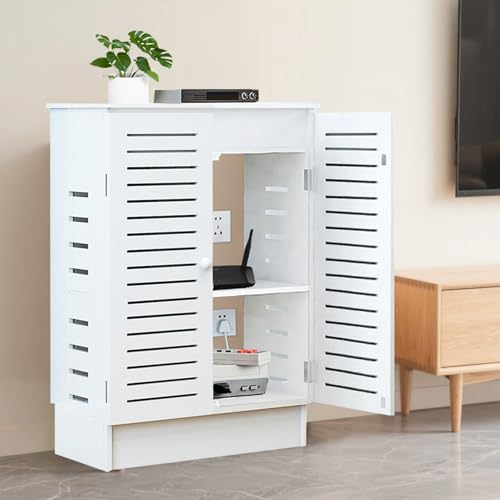 LXSEHN WiFi Router Storage Cabinet, Floor Standing Router Storage Box Modem, Power Strip and Cable Management Hider Organizer for Home and Office (White)