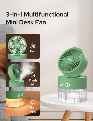 Image of COSTAR Portable Table Fan with Mist Humidify, USB Rechargeable Fan w /Night Light, Brushless 3 Speeds Personal Mini Fan, 180 Rotate Evaporative Air Cooler 350ml Water Tank