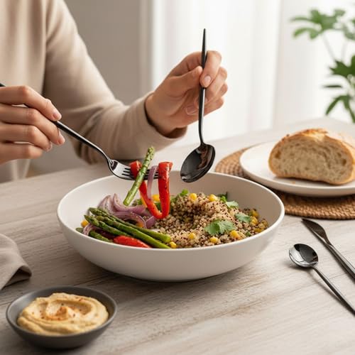 Image of 20 Pcs Black Slim Handle Stainless Steel Cutlery Set for Dining Table with Spoons and Forks Set + Butterknives - The Perfect Tableware /Flatware