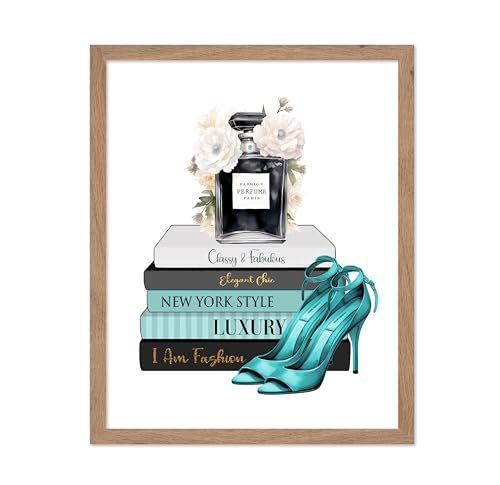Image of Poster Master Designer Print - Fashion Poster - Shoes, Perfume & Flower Art - Chic Gift for Women & Fashionista - Luxury Haute Couture Decor for Bedroom or Girl's Room - 16x20 Beige Framed