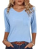 Crewhpo Camisetas Manga 3/4 Mujer Cuello en V Camiseta Verano Básica Elástica Blusas Elegante Casual Túnica Tops para Uso Diario
