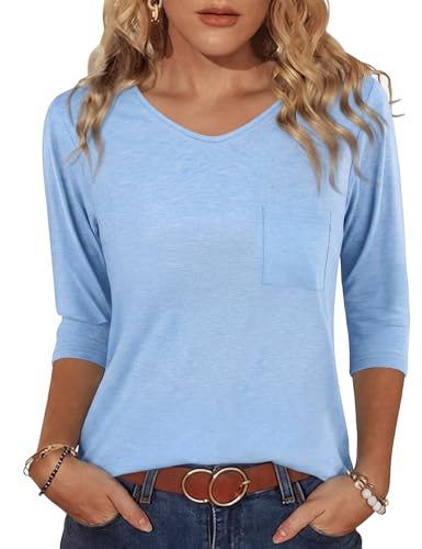 Crewhpo Haut Femme Manches Mi Longues Col V Tissu Doux Poche Poitrine