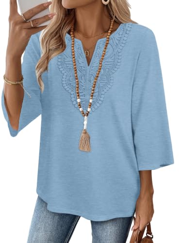Image of WIHOLL 3 /4 Length Sleeve Womens Tops Boho V Neck Lace Shirt Trendy Blouses Dressy Casual Vacation Clothes S-3XL