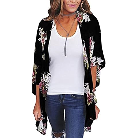 YULOONG Womens Cover Ups Chiffon Floral Print Kimono Loose Shawl Cardigan Boho Summer Casual Blouse Top Sexy Beach Swimwear Capes Cover