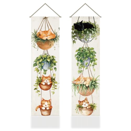 AHANDMAKER Paquete de 2 tapices de gatos y jardines, bonito tapiz de pared de clorofito y gato, tapiz largo vertical, cortina de puerta, borla para colgar en la pared para dormitorio, sala de estar