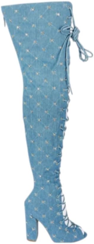 Women's Chunky Block Heel Lace-Up Over The Knee Thigh High Peep Toe Boots