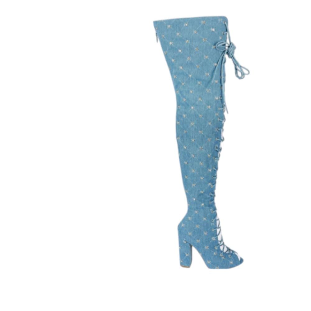 Womens Chunky Block Heel Lace-Up Over The Knee Thigh High Peep Toe Boots