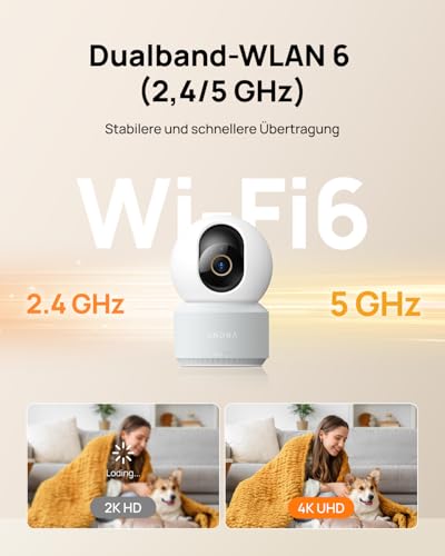 Anona Pano 4K Innenüberwachungskamera mit 360° Auto-Tracking & Wi-Fi 6, Indoor Kamera mit Personen-, Haustier-, Babyweinen-Erkennung, 2-Wege-Audio, Datenschutzmodus | Alexa-kompatibel, 1er-Pack