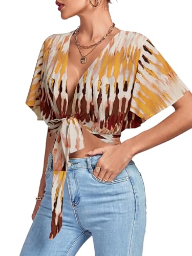 Image of LYANER Women's Sexy Deep V Neck Tie Front Wrap Cropped Blouse Bell Short Sleeve Ruffle Crop Tops