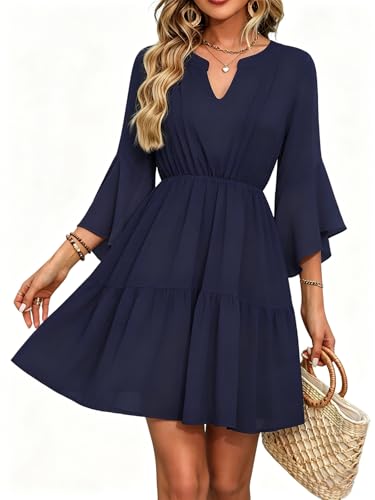 Image of Womens Spring Summer Mini Dress Western Ruffled Sleeve Chiffon V Neck Flowy A Line Short Wedding Guest Party Dresses