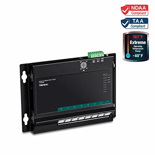 Image of TRENDnet 8-Port Industrial Gigabit Poe+ Wall-Mounted Front Access Switch, TI-PG80F, 8X Gigabit Poe+ Ports, DIN-Rail Mount, 48 -57V DC Power Input, IP40, 200W Poe Budget, Lifetime Protection