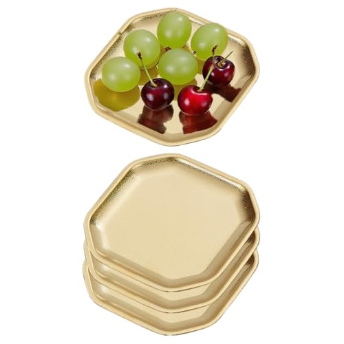 SANQIAHOME Assiette aplatissante délicate, carrée, en acier inoxydable, 13x13 cm, set de 4,Or, adaptée aux entrées, desserts, gâteaux, salades, sushis