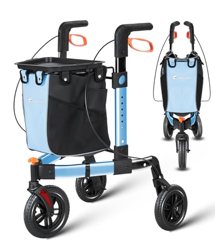 FlyingJoy 3 Wheel Walkers for Seniors,2025 New Ultra Lightweight Foldable Walker for Elderly,Extra Wide Basket with Cane Hold and Cup Hold for Seniors and Adults with Large Aluminum (Blue)