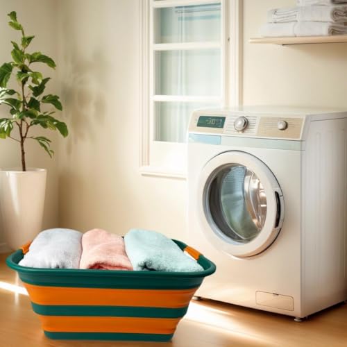 Image of SAMMART Collapsible Plastic Laundry Basket with Handle /Foldable Pop Up Storage Hamper /Portable Laundry Organizer-Space Saving Washing Tub /Household Storage (Teal Green /Autumn leaf, 42L)