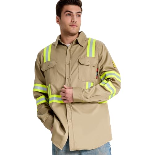 Image of SRsafety Hi Vis FR Shirts for Men,7.0oz Long Sleeve FR Work Shirts,100% Cotton High Visibility Fire Shirt Khaki