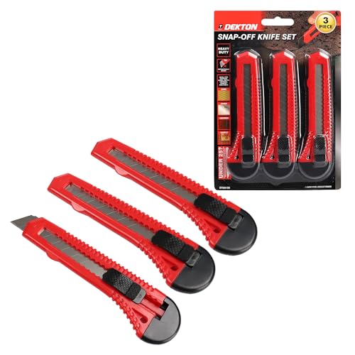 Dekton 3-Piece Snap-Off Utility Knife Set with Retractable Blades Ergonomic Non-Slip Handles Heavy-Duty Construction for Cutting Cardboard Carpet and More Ideal for DIY and Professional Use