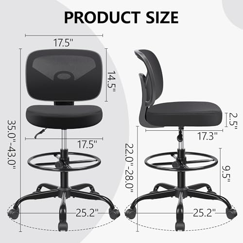 Primy Office Drafting Chair Armless, Tall Office Desk Chair Adjustable Height and Footring, Mid-Back Ergonomic Standing Desk Chair Mesh Rolling Tall Chair for Art Room, Office or H image 5