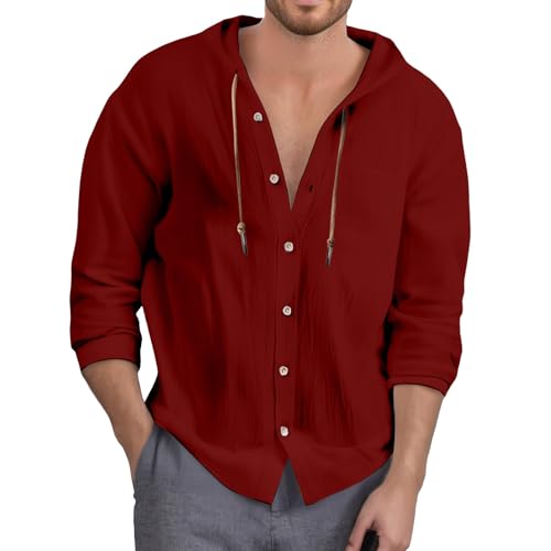 Generisch 2025 - Elegante camisa de hombre de color sólido con bolsillo, botones casuales y capucha, camiseta cómoda con estampado de hombre, rojo, XXL