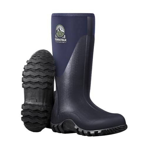 TerraTrax Men's Waterproof Rubber Muck Rain Boots, 6mm Neoprene Insulated Work Boot - Durable Mud Boots for Farming, Hunting, Fishing & Chore (Wide Calf Fit), Blue & Size 8
